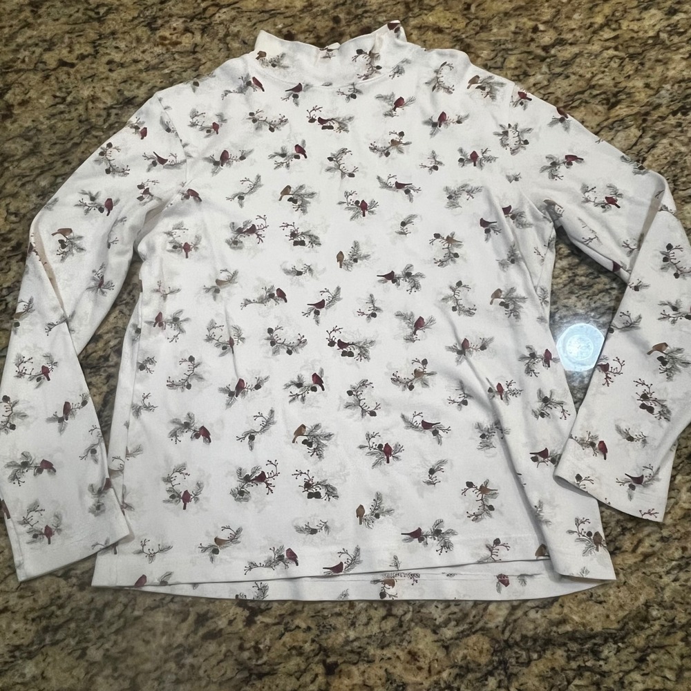 Croft & Barrow Womens Cardinal‎ Bird Pine Print Mock Neck Top Ivory Red Medium